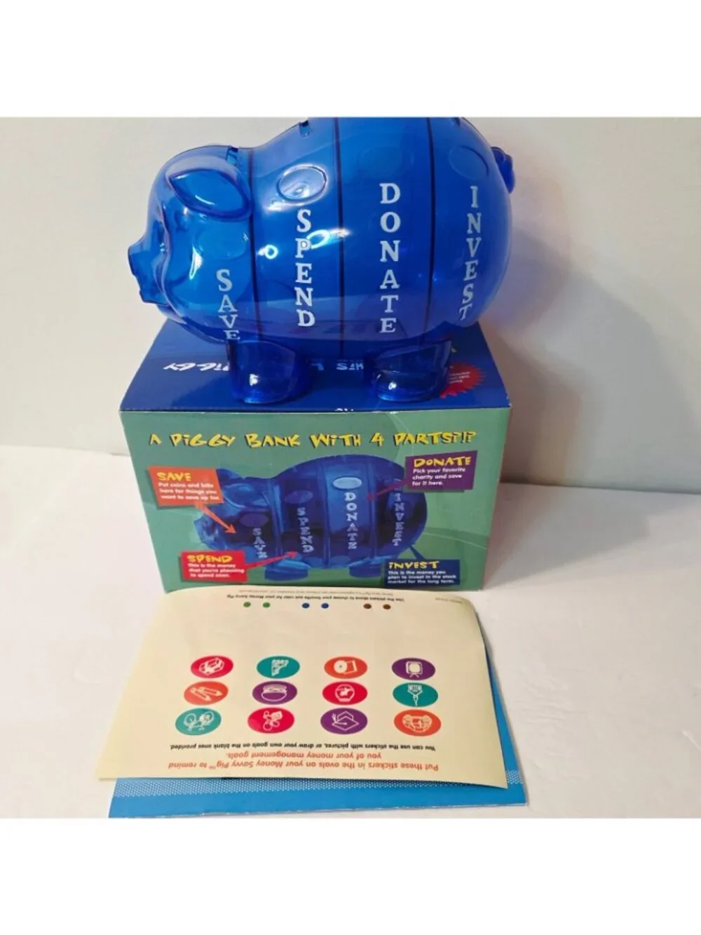 Money Savvy Pig Plastic Piggy Bank Blue Educational 4 Slots Spend Invest Save